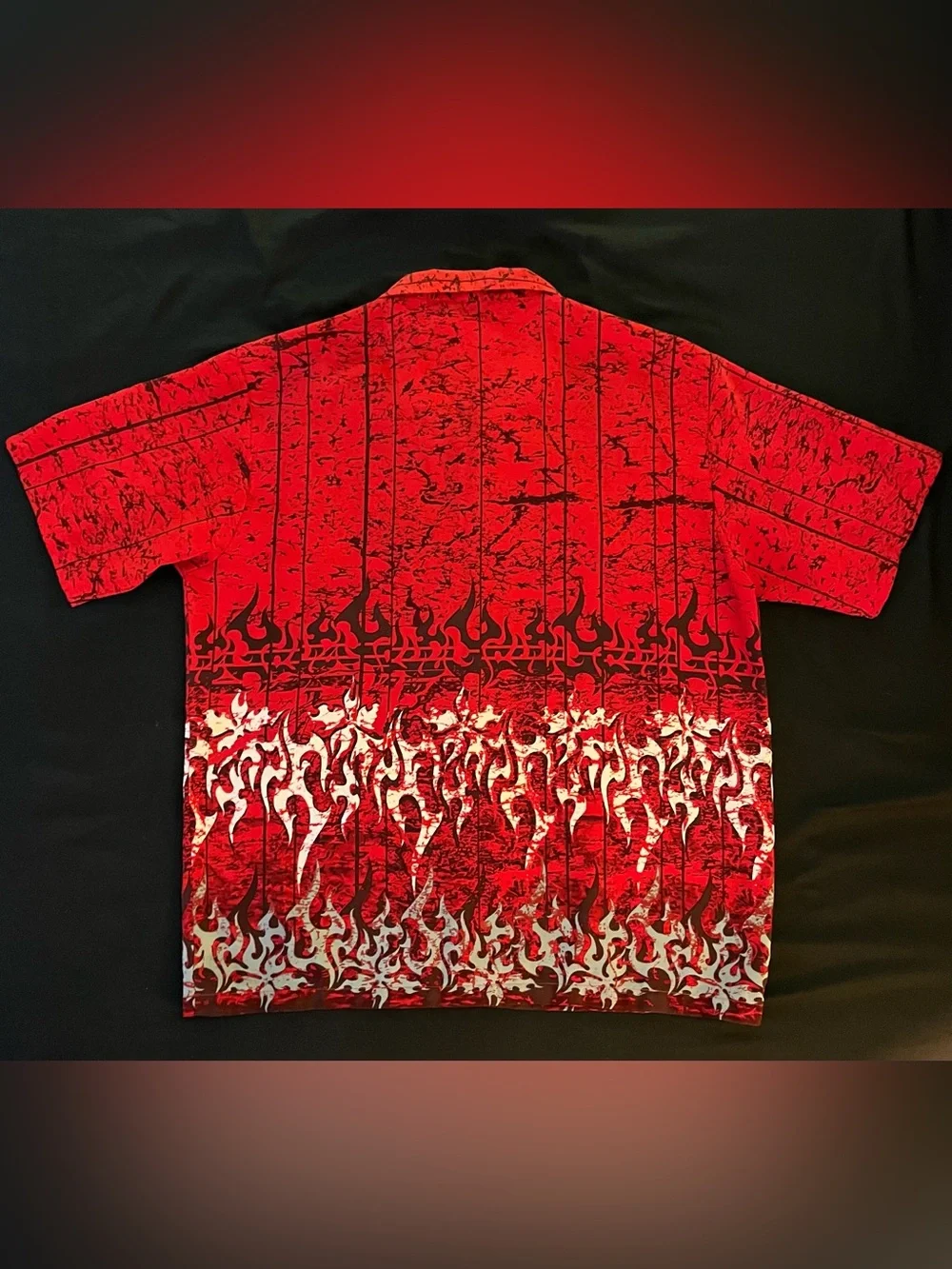 VTG Pineapple Connection Flame Shirt Mens XL Red Tribal Fire All Over Print Y2K